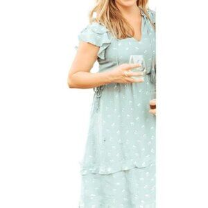 Anthropologie Dolan Cronulla Textured Midi Dress Small Sage w/Gold Accents